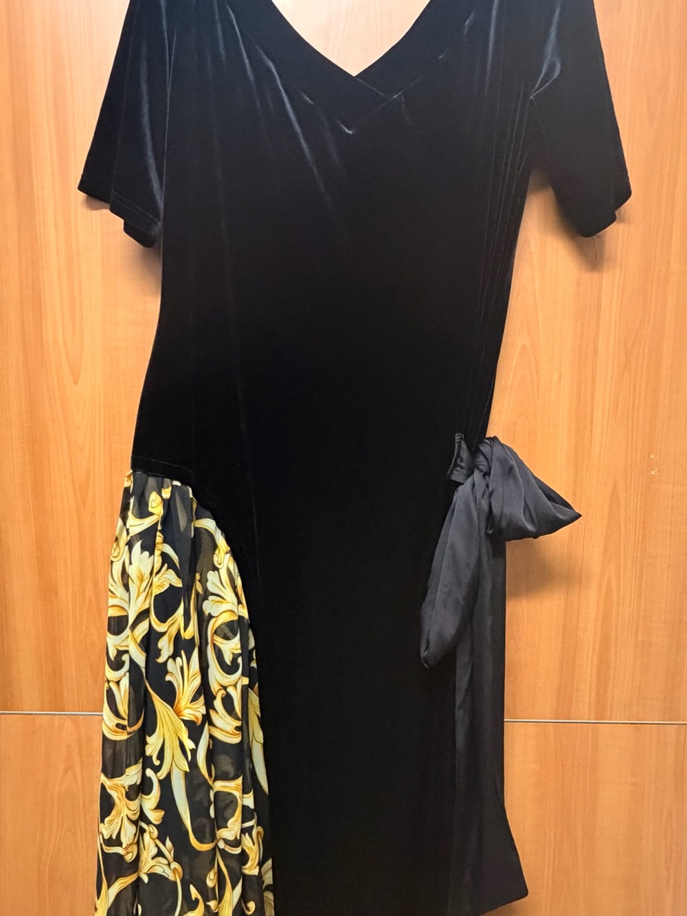 Black Velvet Midi Dress with Yellow Baroque Panel and Side Tie